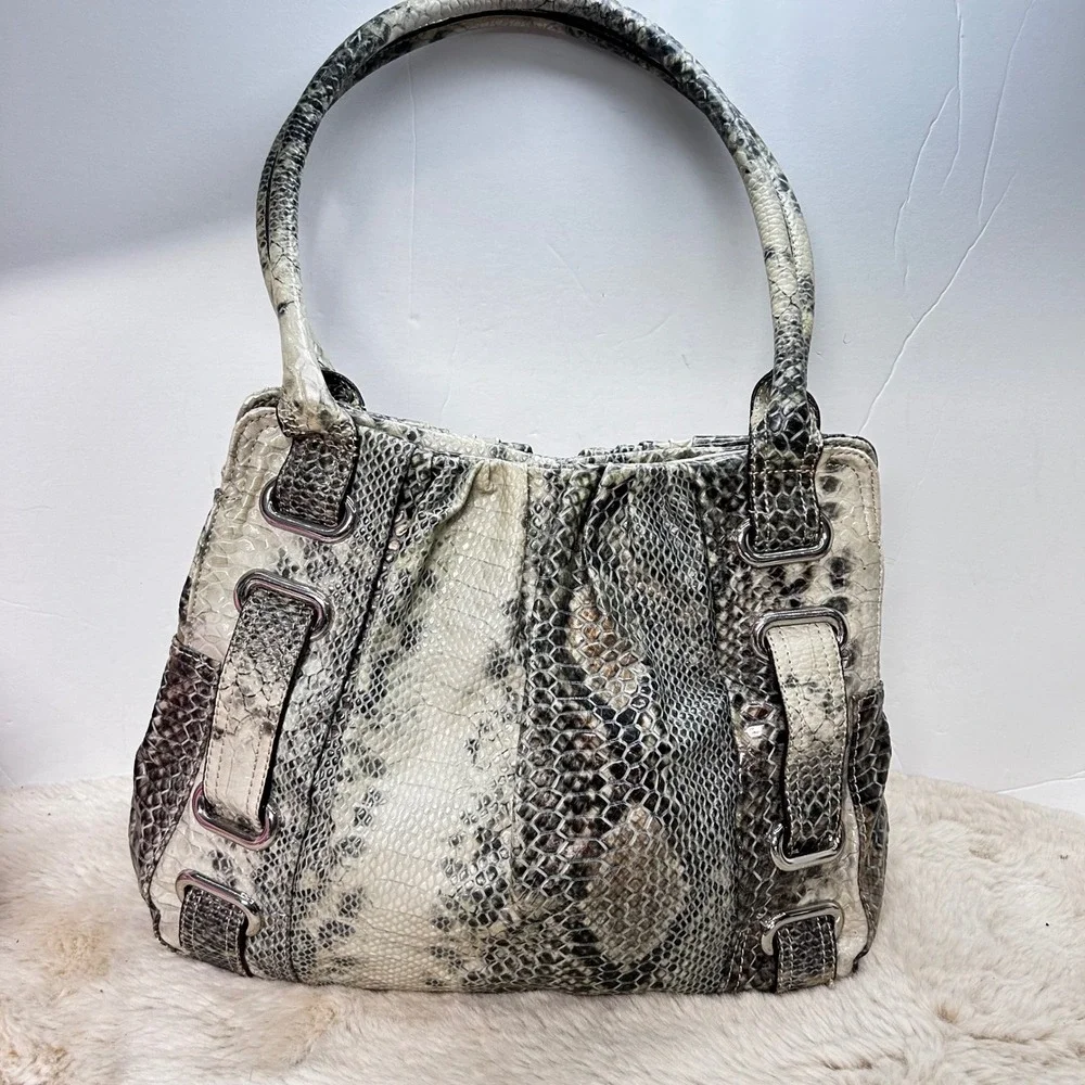 Worthington Womens Snakeskin Print Faux Leather Satchel Handbag Gray White Black